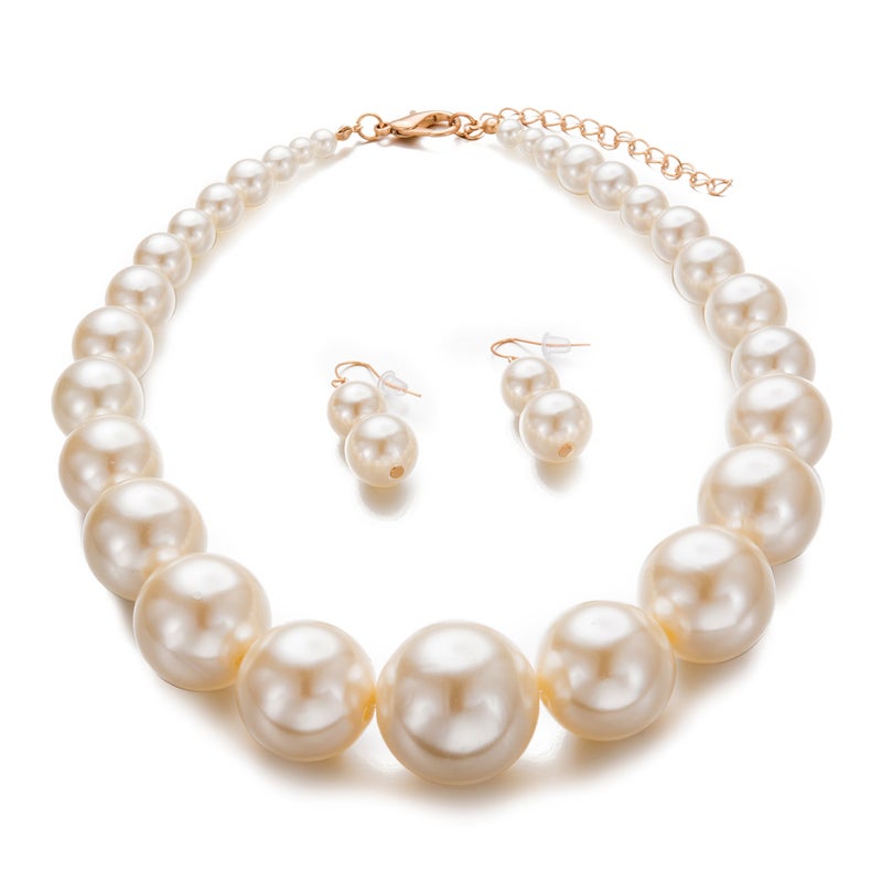 Yuhuan Womens Faux Big Pearl Choker Necklace and Earring Set Fashion Pearl Set - Image 2
